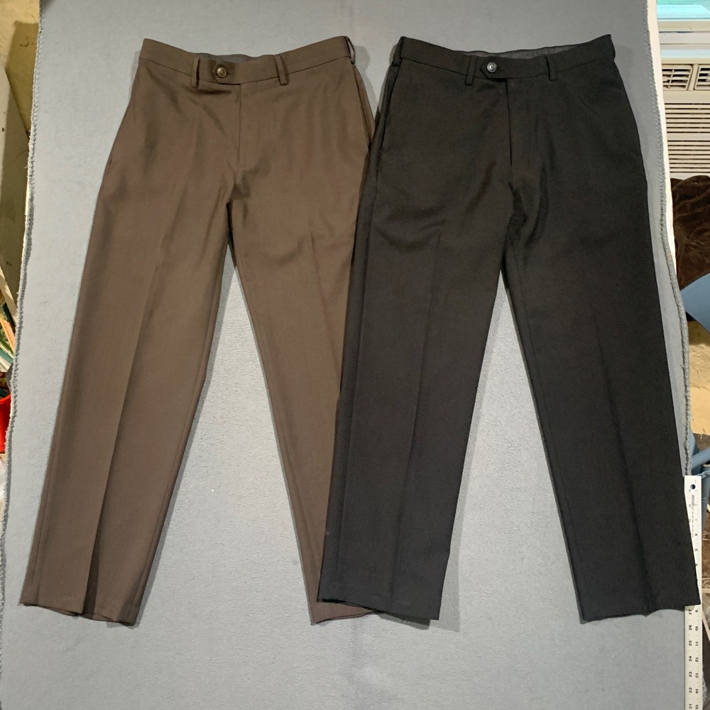 Haggar Eclo Stria Dress Pants Mens 32x30 Brown Classic Fit Flat Front Slacks